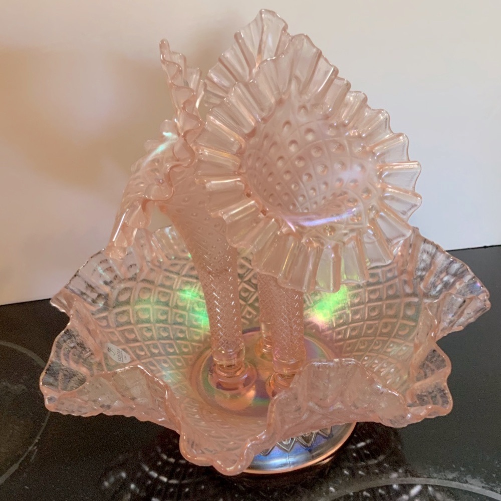 Fenton Epergne Peach 3 Horn Iridescent 95th Anniversary Glows Vintage